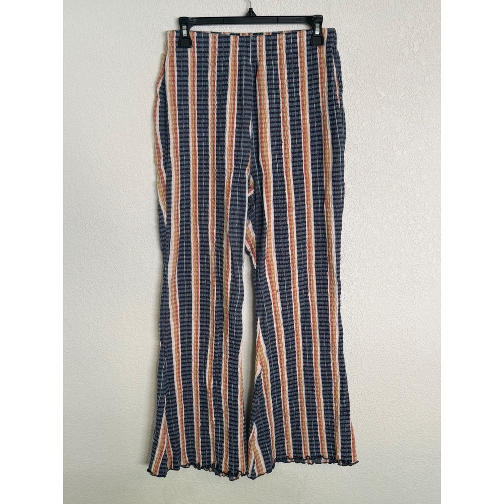 Free People Fine Line Slim Flare Pants Multi Stripe Seersucker Lettuce Edge S